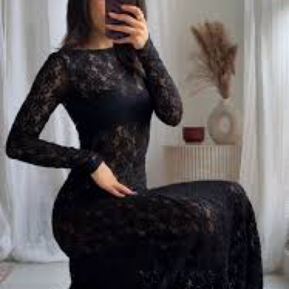 ZARA Black Lace Maxi Dress Long Sleeve Semi- sheer NWT - Picture 8 of 15